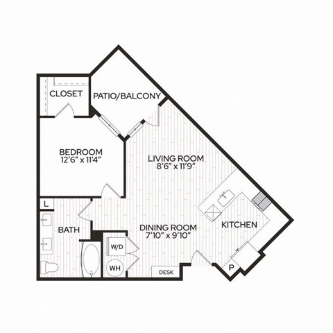 Floor plan for 1 bed, 1 bath, 748 sqft